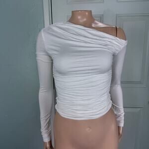 NEW White Fox Boutique Women's Shirt XS Best of luck Off Shoulder L/S Ruched LL5